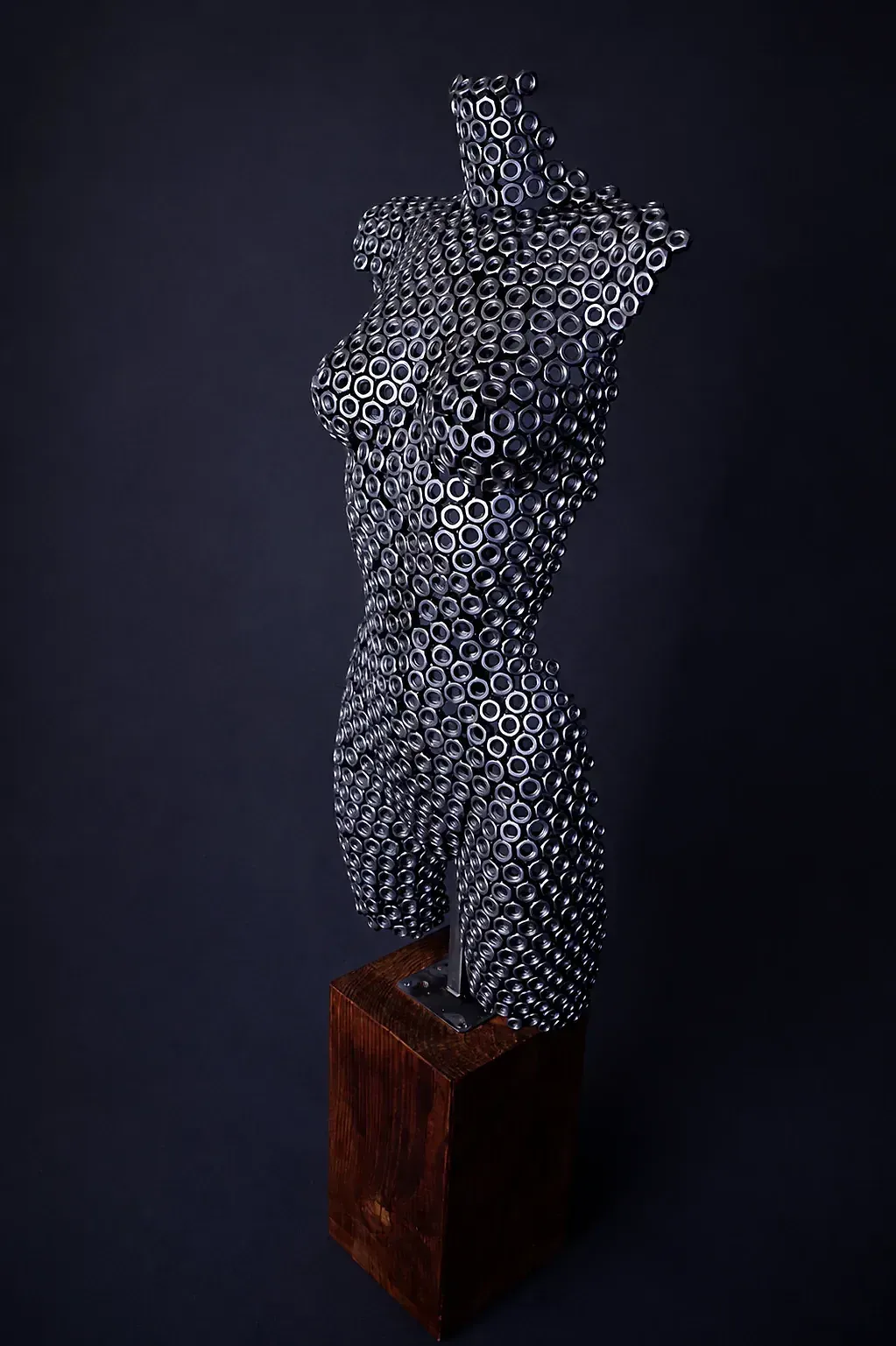 Iron Beauty — stalen torso op eiken sokkel